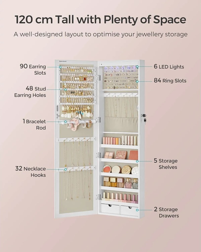 Nástenná skrinka na šperky, šperkovnica, uzamykateľná, 10 x 30 x 120 cm, biela