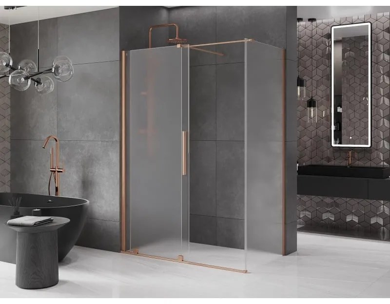 Mexen Velar, sprchový kút s posuvnými dverami 150 x 85 cm, 8mm sklo námraza, medená matná, 871-150-085-31-65