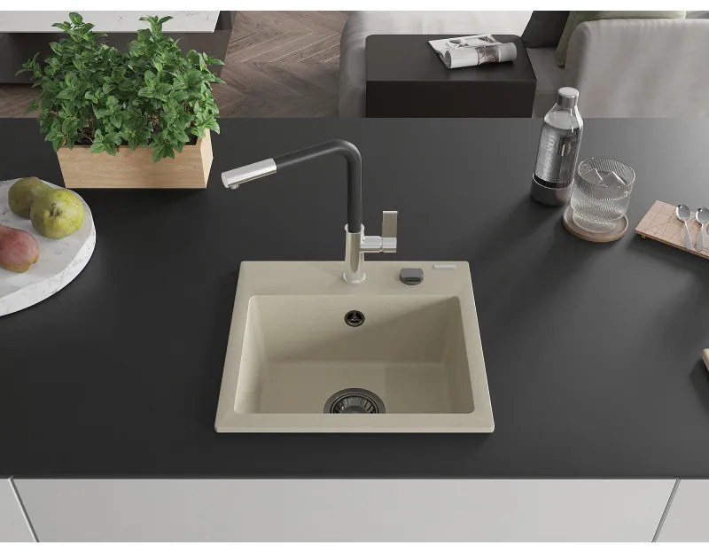 Mexen Milo, 1-komorový granitový drez 435x410x171 mm a drezová batéria Flora, béžová, 6505-69-670401-07-B