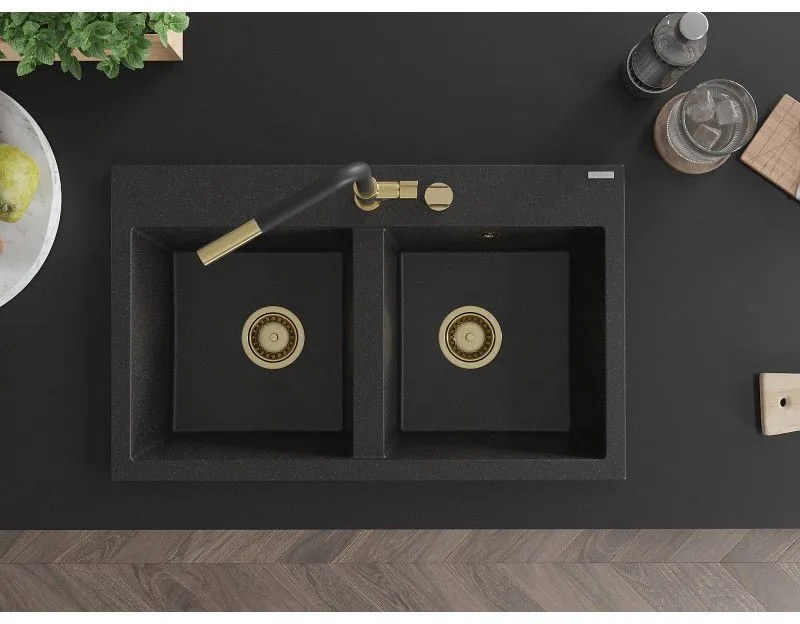 Mexen Hektor, 2-komorový granitový drez 800x480x205 mm, čierna-strieborná metalíza, zlatý sifón, 6521802000-73-G