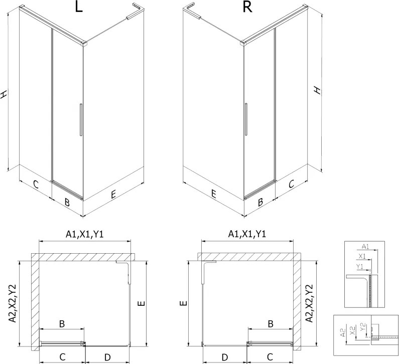 Mexen Rox, L posuvný sprchový kút 120 x 110 cm, 8mm číre sklo, oceľový profil, 8C2L-120-110-97-00