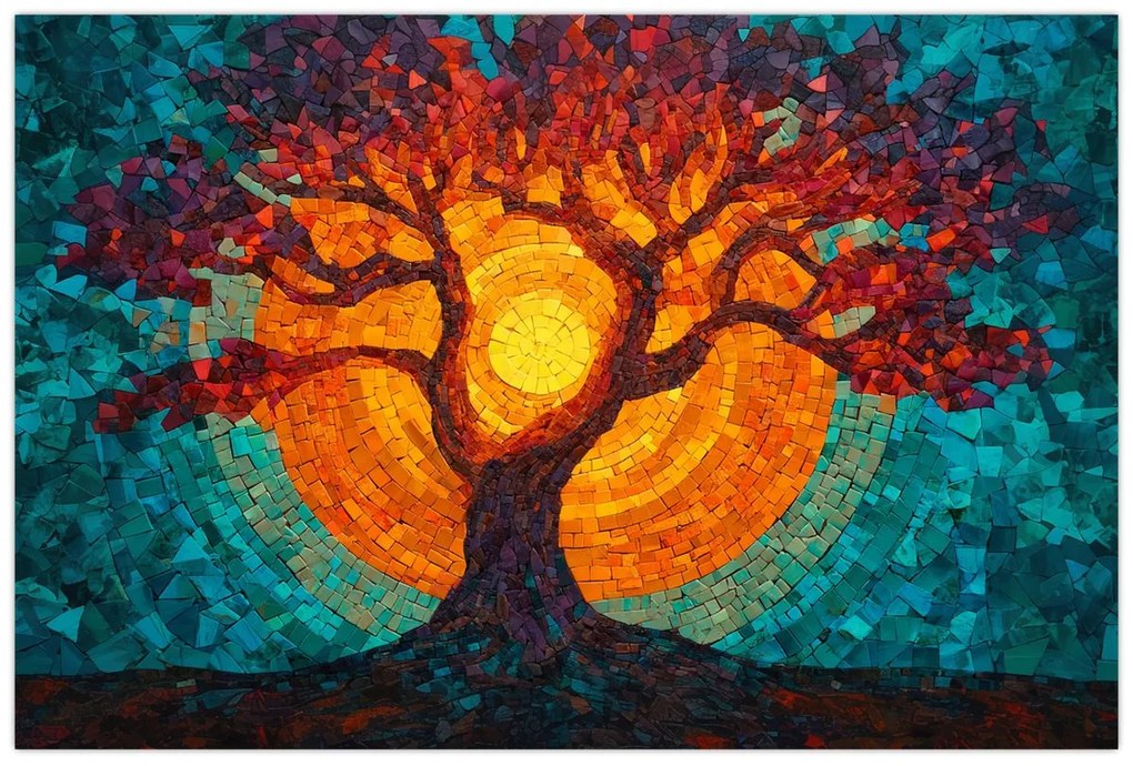 Obraz - Strom života a slnko v mozaike (90x60 cm)