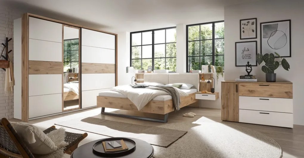 Posteľ s nočnými stolíkmi Daria 180x200 cm, dub/biela, s osvetlením