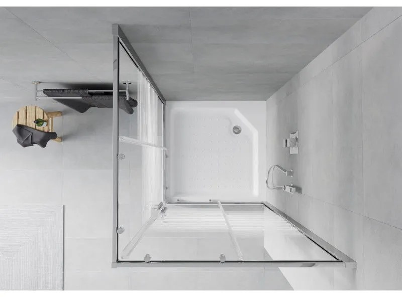 Mexen Rio, štvorcový sprchovací kút s posuvnými dverami 90 x 90 cm, 6mm číre sklo/pásy, chrómový profil + biela vysoká sprchová vanička Rio, 860-090-090-01-20-4510