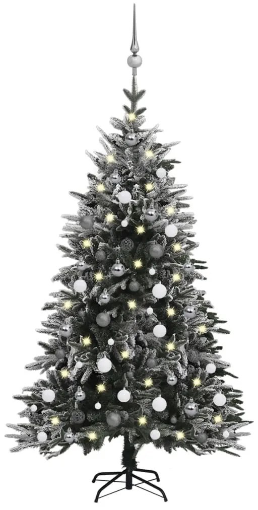 vidaXL Zasnežený umelý vianočný stromček s LED a súpravou gulí 150 cm PVC a PE