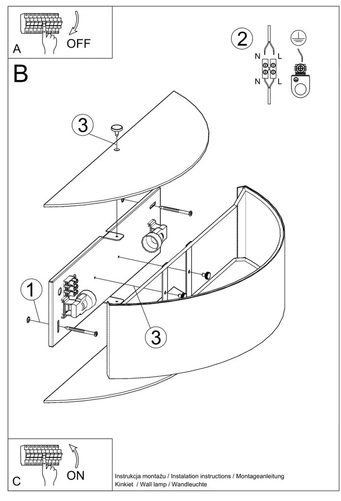 Nástenné svietidlo Skala, 1x biele textilné tienidlo, (biele sklo), (45 cm)