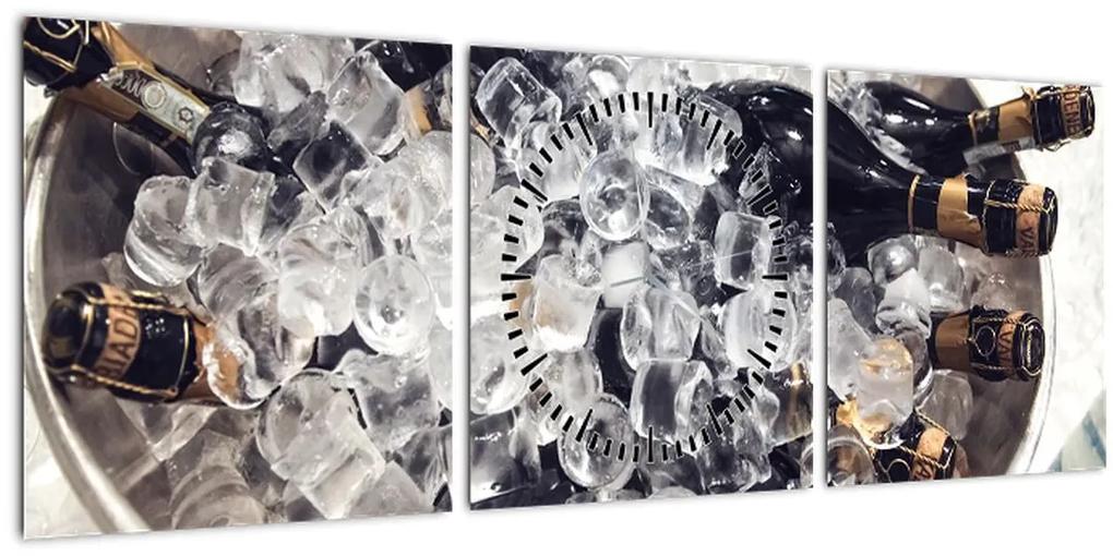 Obraz - šampanské v ľade (s hodinami) (90x30 cm)