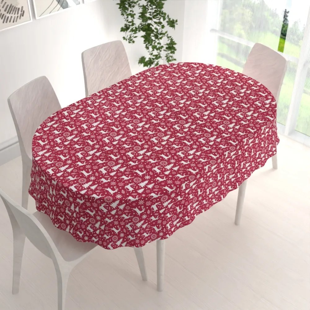 Biante Zamatový oválny obrus Tamara TMR-045 Vianočné jelene a stromčeky na červenom 140x160 cm