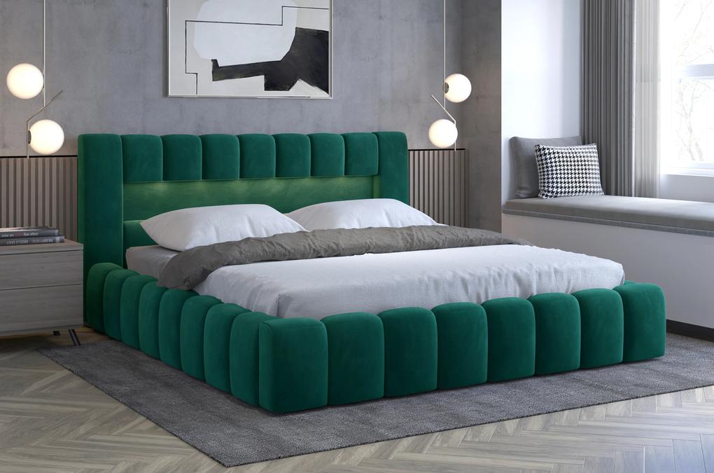 Moderná posteľ Lebrasco, 180x200cm, zelená Monolith + LED