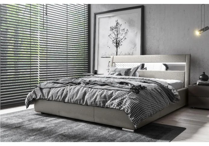 Čalúnená posteľ s úložným priestorom a osvetlením 140x200 LEXI - sivá ekokoža