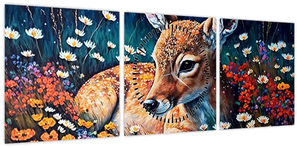 Obraz - Maľované srne (s hodinami) (90x30 cm)