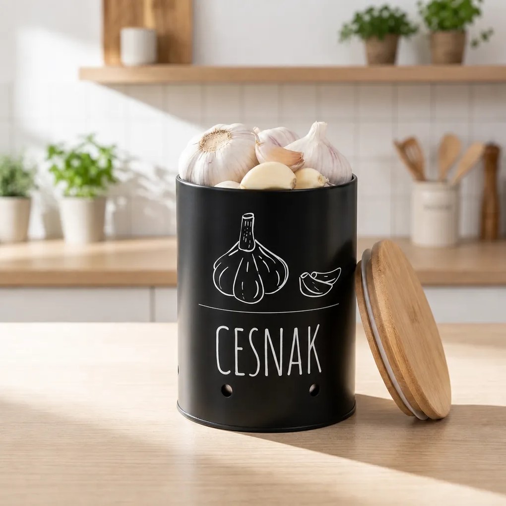 Orion Dóza na cesnak, plech/bambus pr. 11 cm, BLACK SK