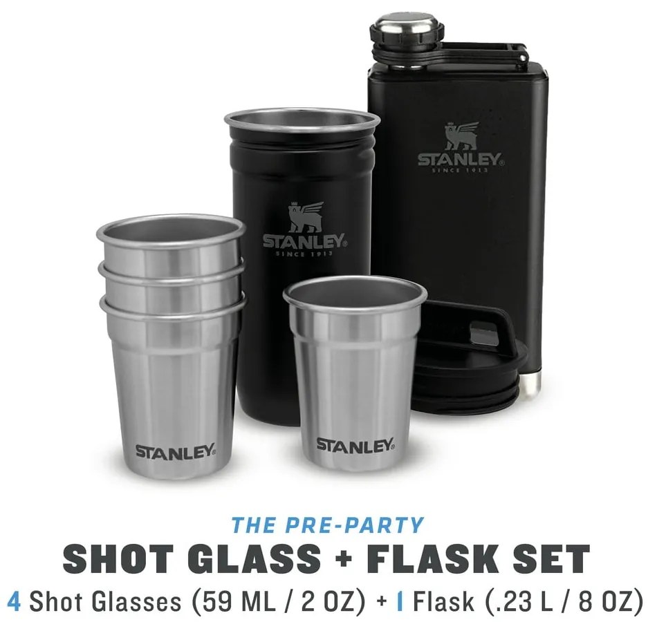 Čierna súprava ploskačky a štamperlíkov 6 ks z nehrdzavejúcej ocele 250 ml Adventure Black – Stanley