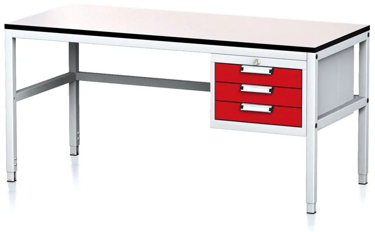 Nastaviteľný dielenský stôl MECHANIC II, 3 zásuvkový box na náradie, 1600x700x745-985 mm, sivá/červená