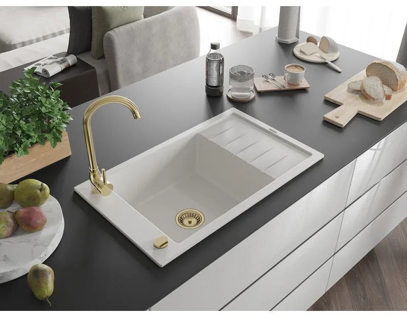 Mexen Elias, granitový drez granitový 795x480x200 mm, 1-komorový, biela so zlatým sifónom, 6511791005-20-G