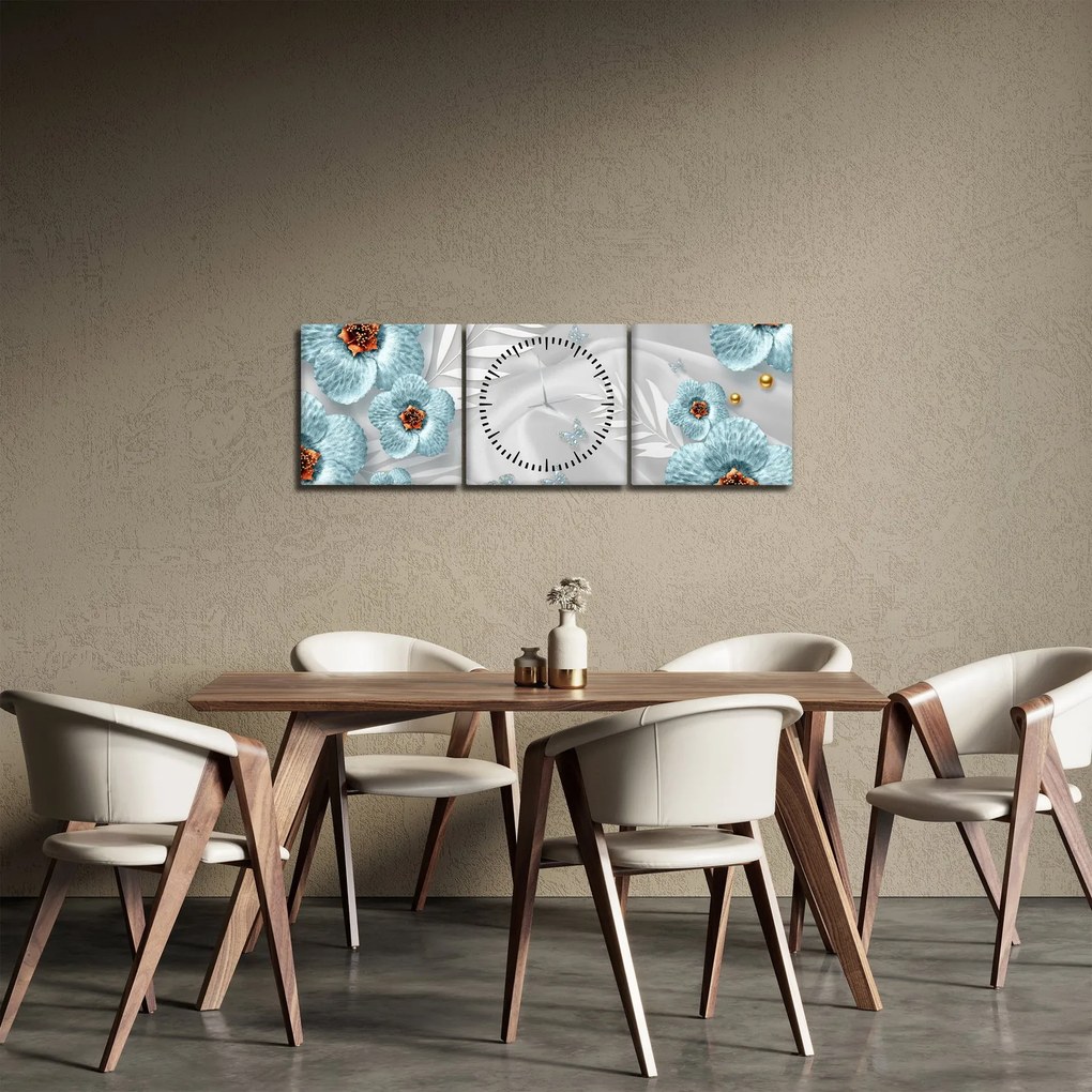 Obraz - 3D modré kvety (s hodinami) (90x30 cm)