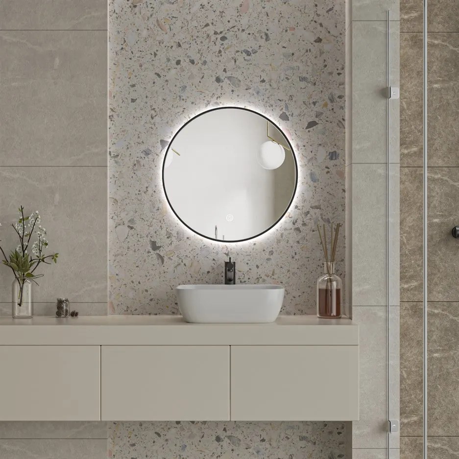 Erga Emma, okrúhle LED zrkadlo 60cm, čierny kovový rám, 1380 lm, 6500K, zadné osvetlenie, ERG-V01-201-6060-BK