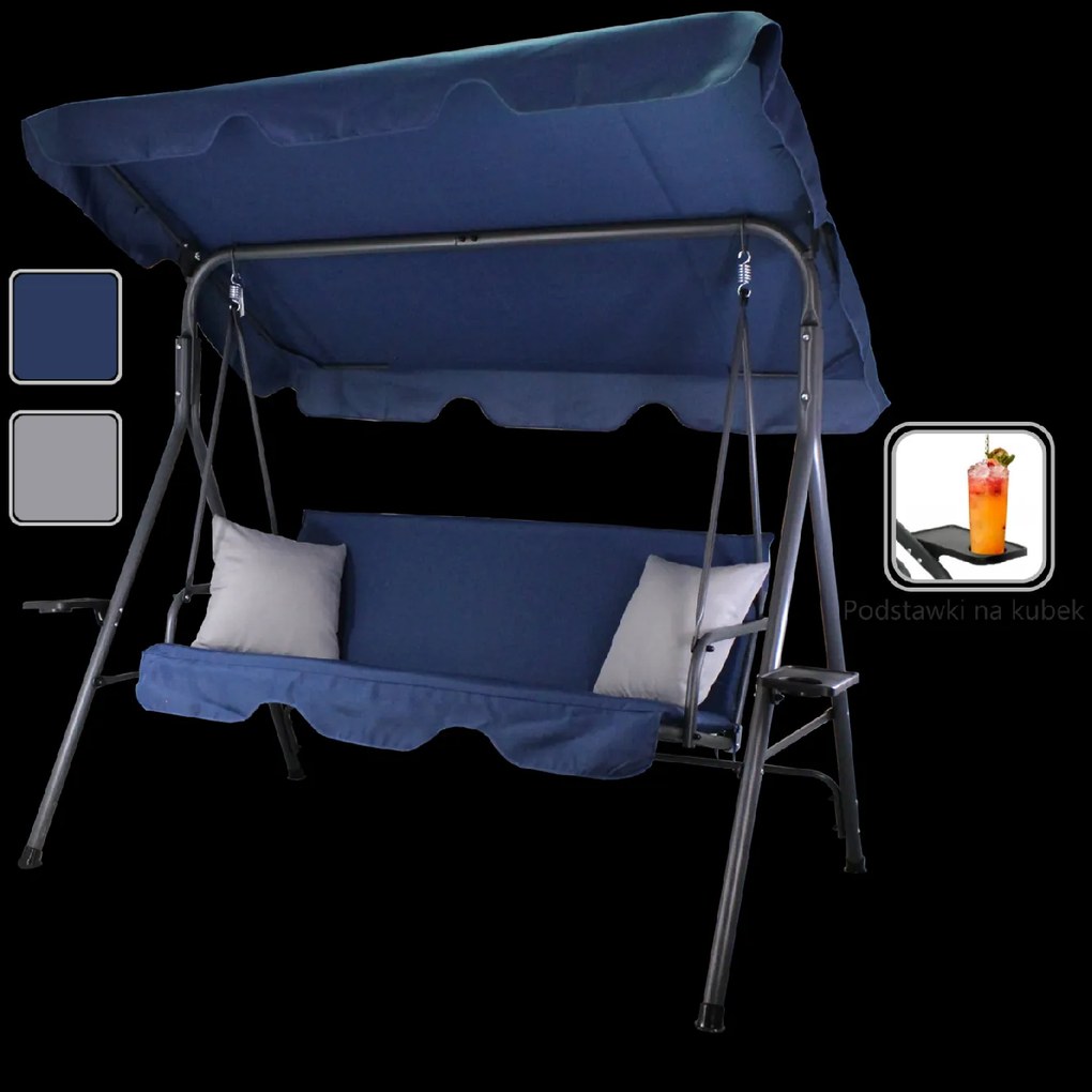 Garden Line ZÁHRADNÁ HOJDAČKA TYPU A 170 x 118 x 153 cm NÁMORNÍCKA MODRÁ S ŠEDÝMI VANKÚŠMI A DRŽIAKMI NA POHÁRE