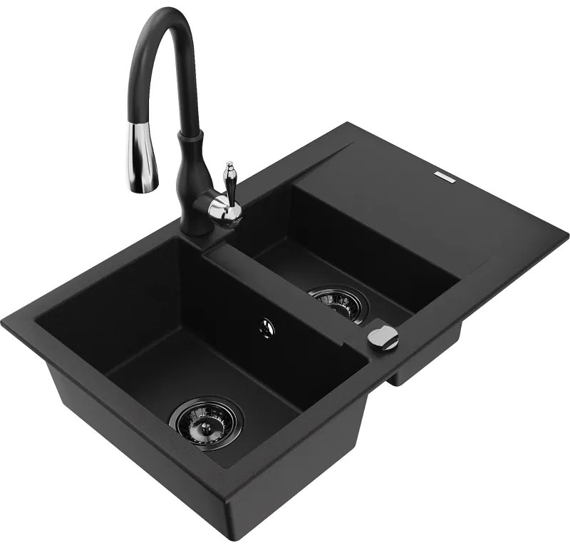 Mexen Gaspar, 1,5-komorový granitový drez 737x475x177 mm a drezová batéria Savita, čierna, 6507-77-672601-70-B