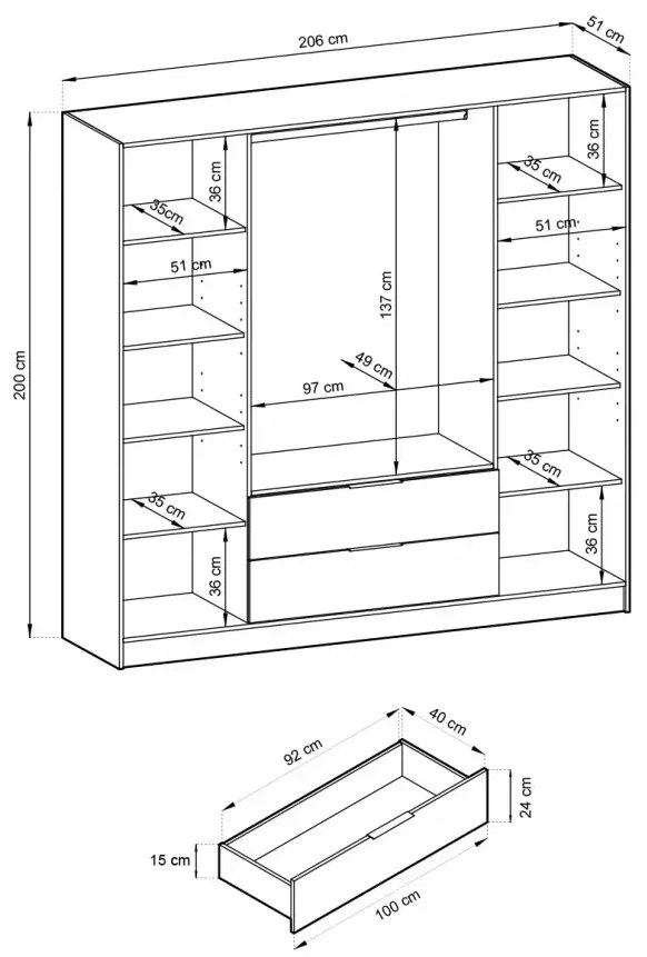 Šatní skříň Nelly 206 cm se zrcadlem šedá/dub artisan