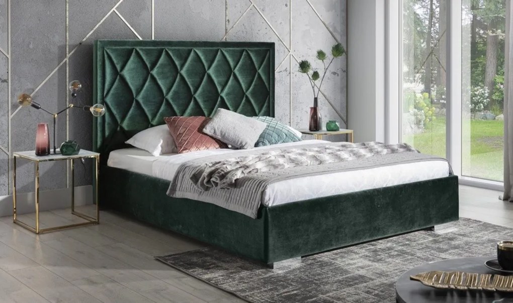 Čalúnená manželská posteľ ALEXA 140x200 s roštom zelená zamatová látka