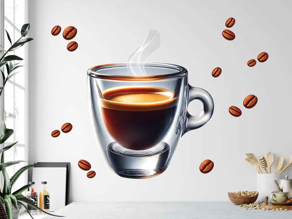 Šálka ​​kávy espresso textilní prelepiteľná nálepka na stenu hárok 45 x 41 cm