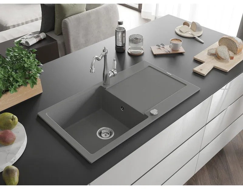 Mexen Leo, granitový drez 900x500x190 mm, 1-komorový a drezová batéria Carla, šedá, 6501-71-670700-00