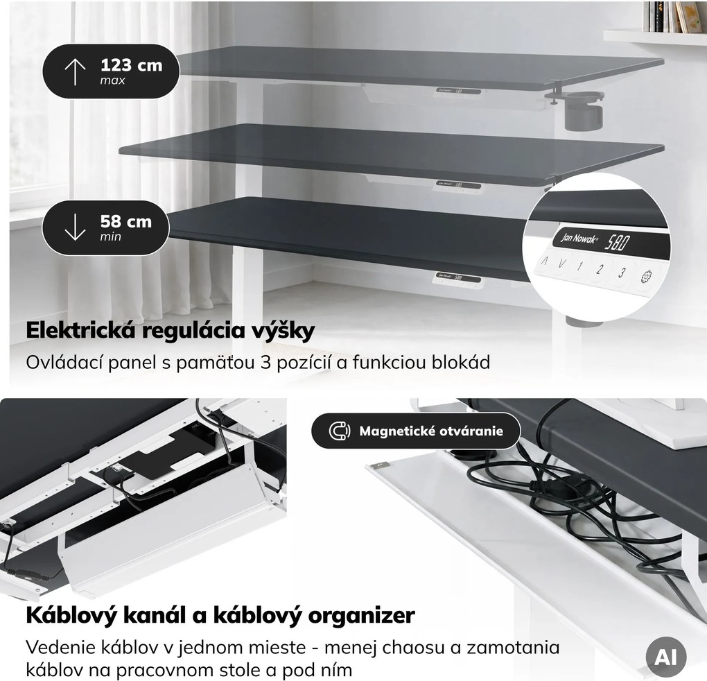 Elektrický stôl s nastaviteľnou výškou ergonomický bielo-antracitový,1600x800 mm: ARIA