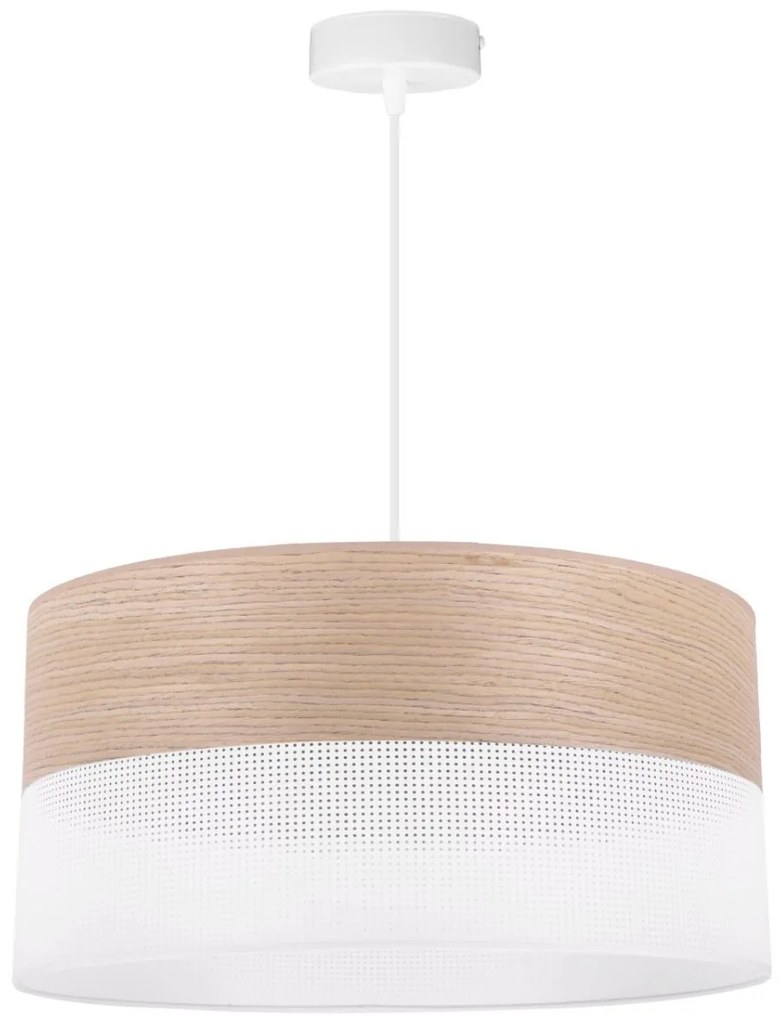 Závesné svietidlo Wood, 1x béžová dubová dýha/biele PVC tienidlo, (fi 44cm)