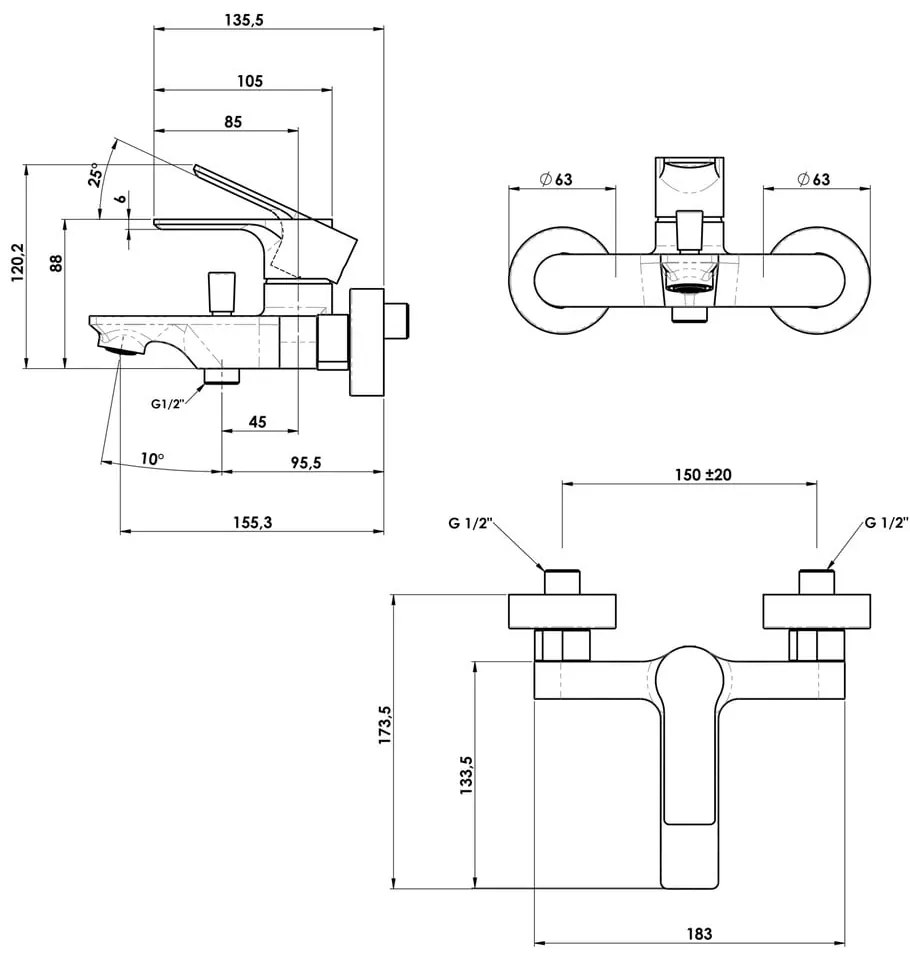 Matne čierna nástenná vaňová batéria (2 výstupy) Pax – Sapho