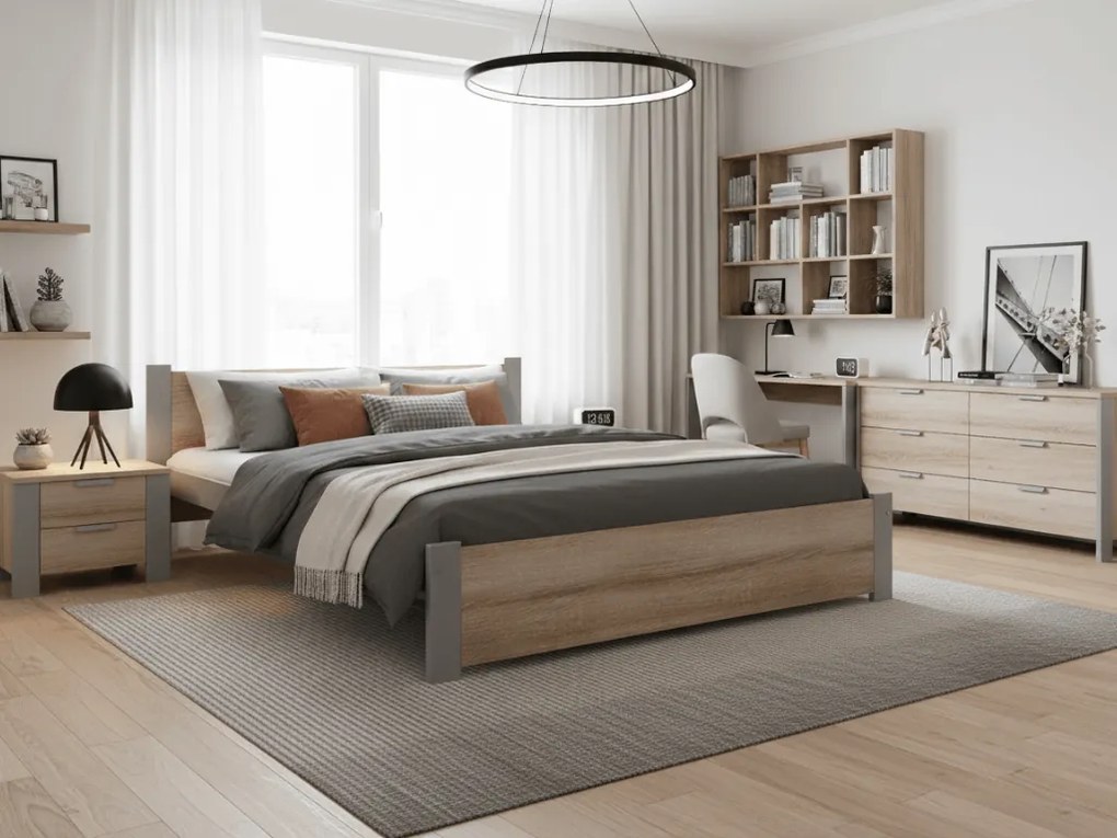 Posteľ IKAROS 180 x 200 cm, dub sonoma/sivá Rošt: S latkovým roštom, Matrac: Matrac DELUXE 10 cm