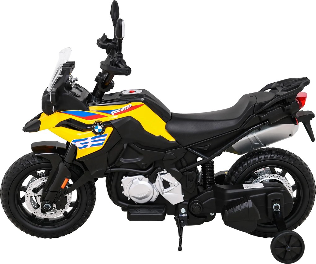 Ramiz BMW F850 GS Detský motocykel na batérie žltý + asistenčné kolesá + LED audio + pomalý štart + EVA