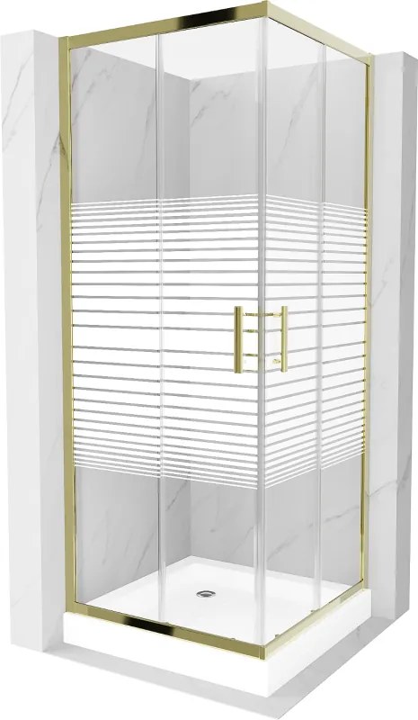 Mexen Rio, štvorcový sprchovací kút s posuvnými dverami 80(dvere) x 80(dvere) x 190 cm, 6mm číre sklo s pásikmi, zlatý profil + biela sprchová vanička RIO, 860-080-080-50-20-4510