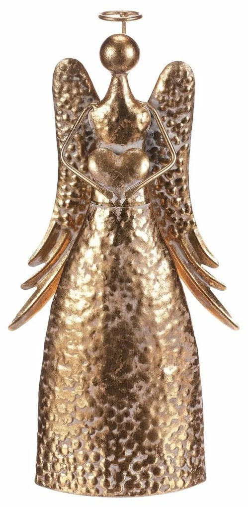 Vianočná kovová dekorácia Anjel 34 cm so srdcom, zlatá, 34 cm