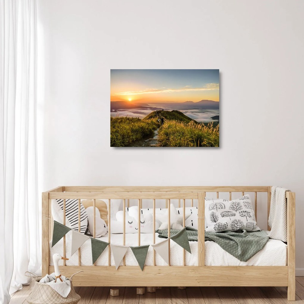 Sklenený obraz hory pri západe slnka (70x50 cm)