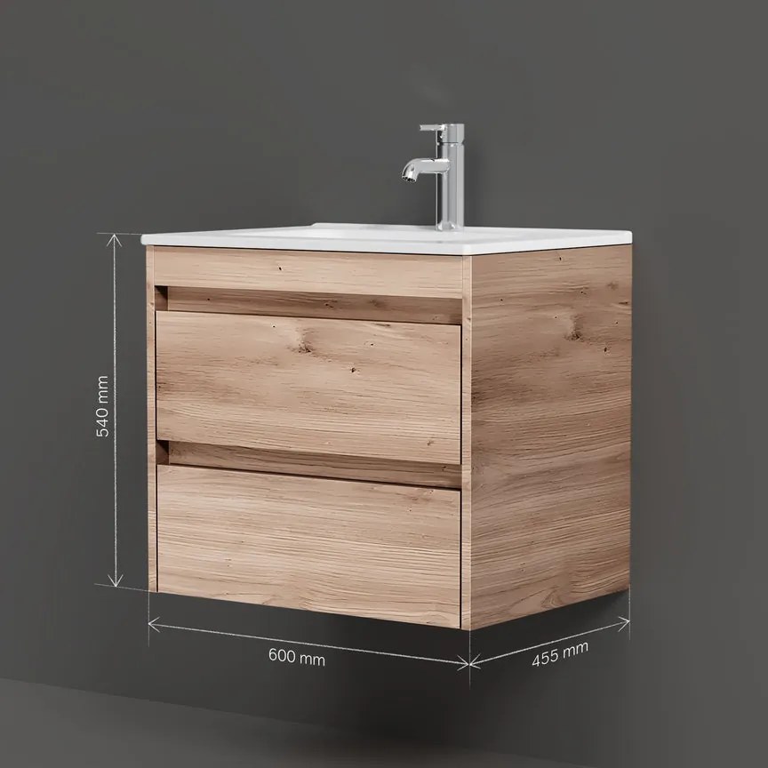 Skrinka s umývadlom 60 AM.PM Spike MPA-FHX0602HF-WCC0602WG závesná, 2 zásuvky, svetlý dub