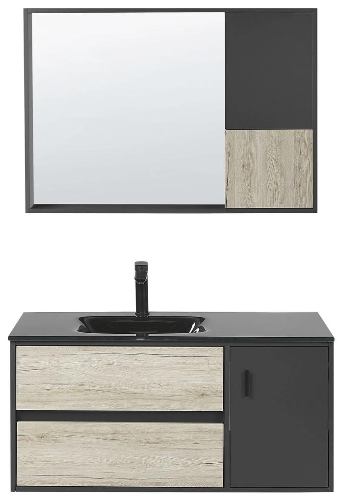 Súprava kúpeľňového nábytku so zrkadlovou skrinkou 100 cm svetlé drevo/čierna TERUEL Beliani