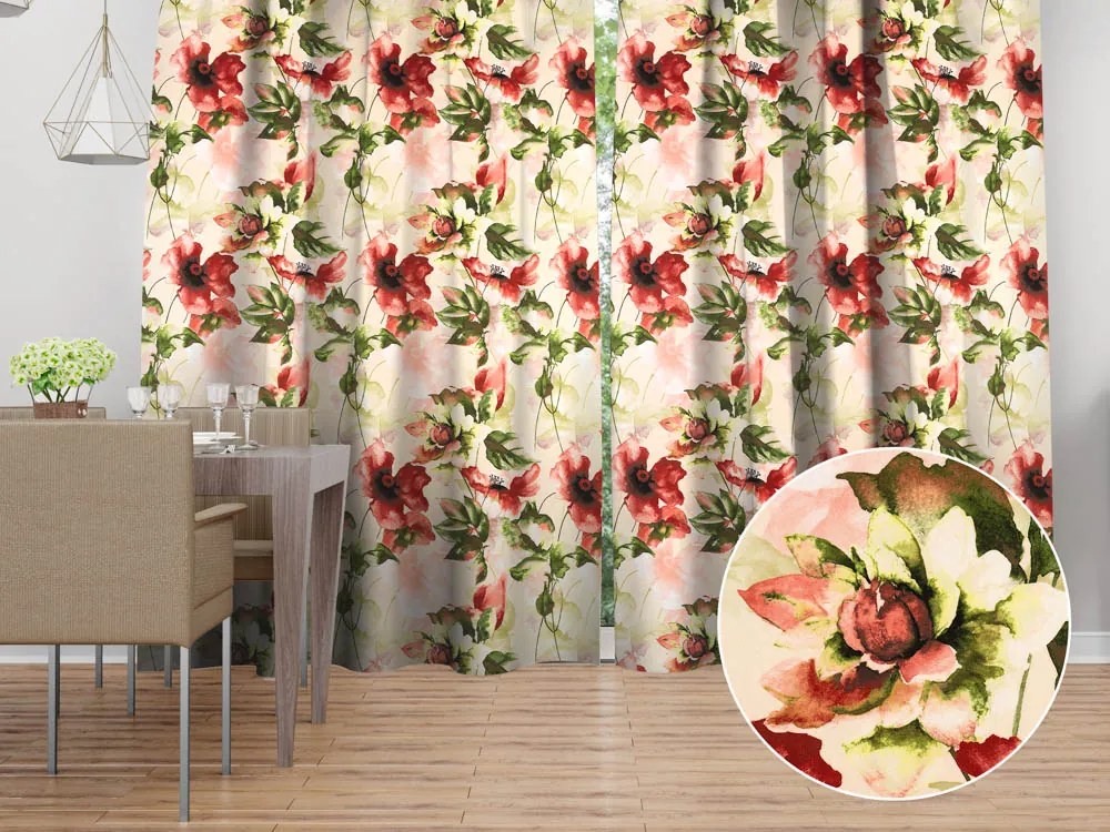 Biante Zamatový záves Tamara TMR-051 Abstraktné červené kvety na žltobéžovom 145x140 cm