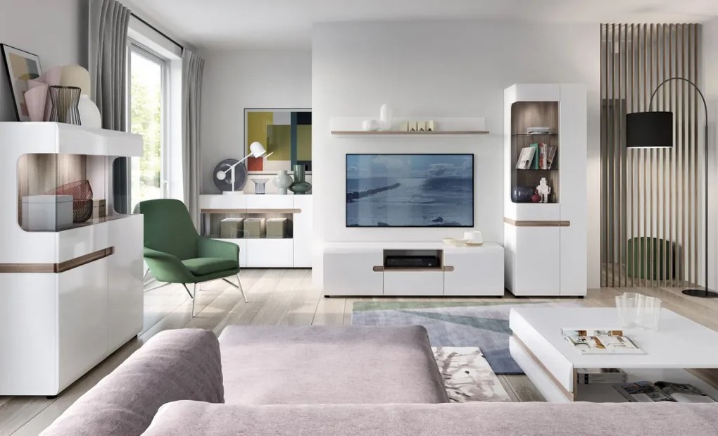 Široká komoda s presklením Linate, biely lesk/dub