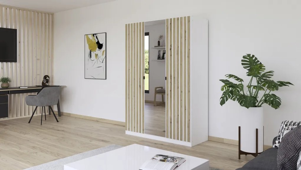 Šatníková skriňa so zrkadlom Genua, 136 cm, biela/dub artisan