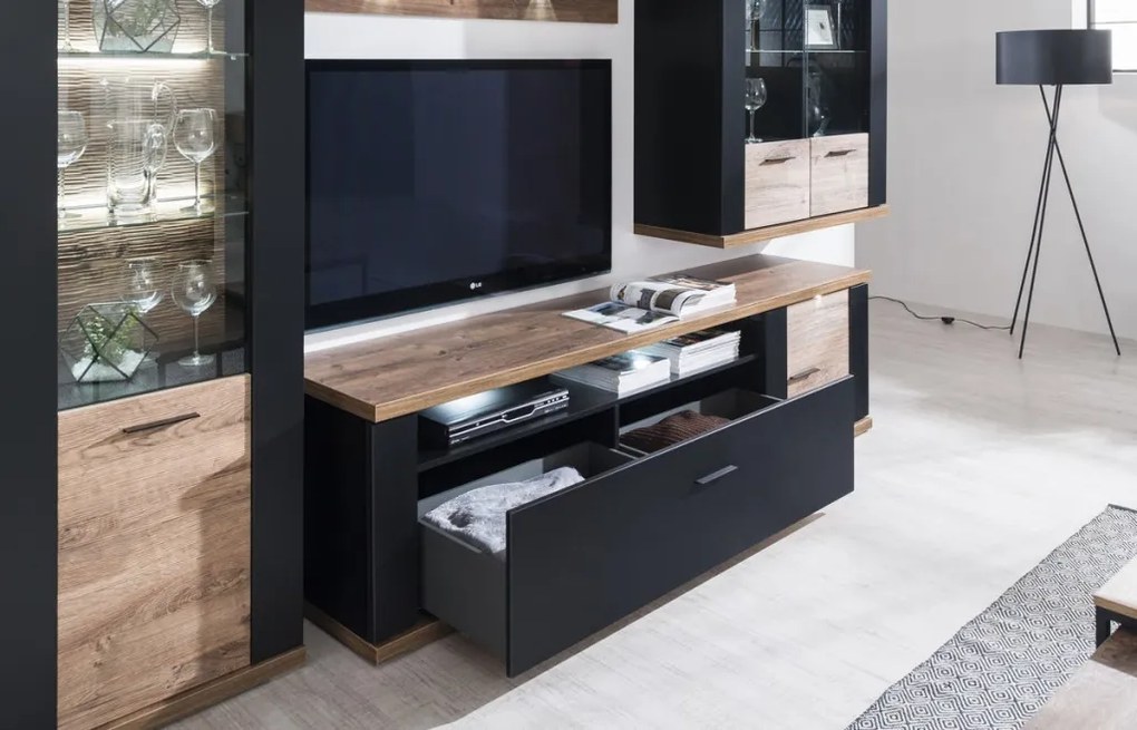 Vysoká vitrína Boston, čierna/dub ribbeck, s osvetlením, pravá