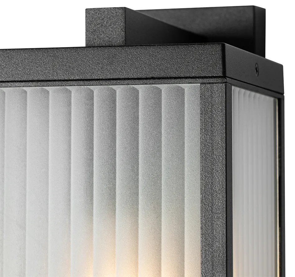 Vonkajšia nástenná lampa čierna s rebrovaným sklom a senzorom súmraku - Charlois