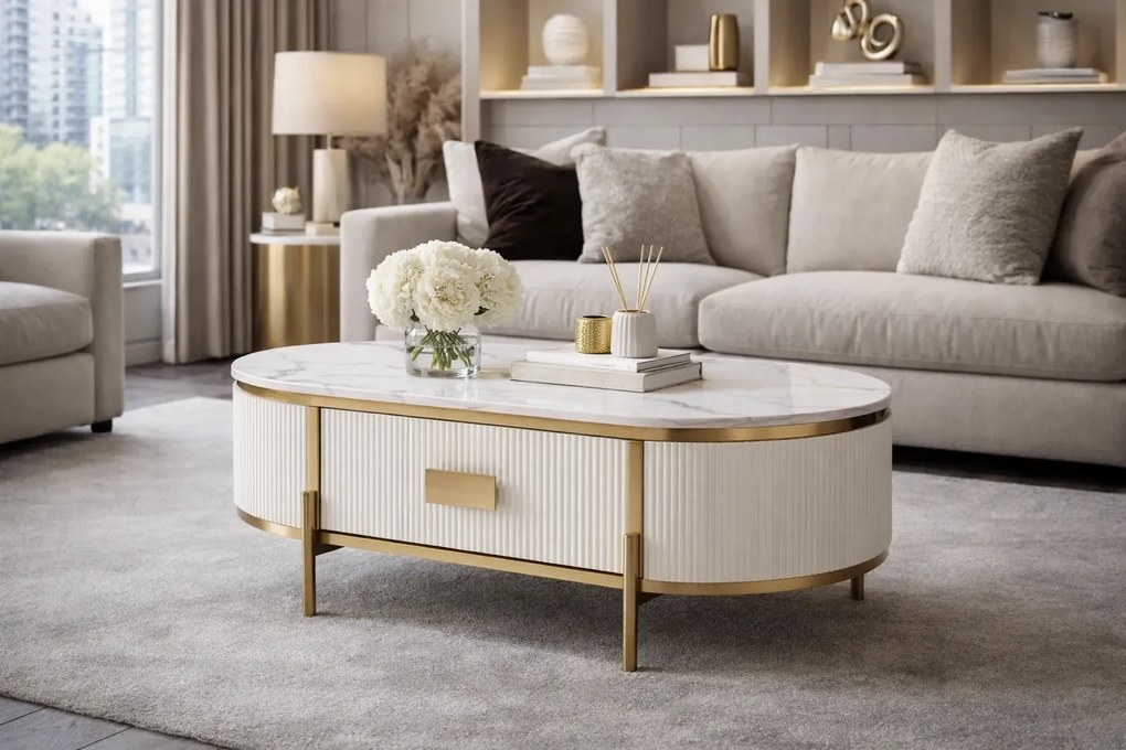 Konferenční stolek Stilig ST380C 124 cm zlatý/bílý mramor