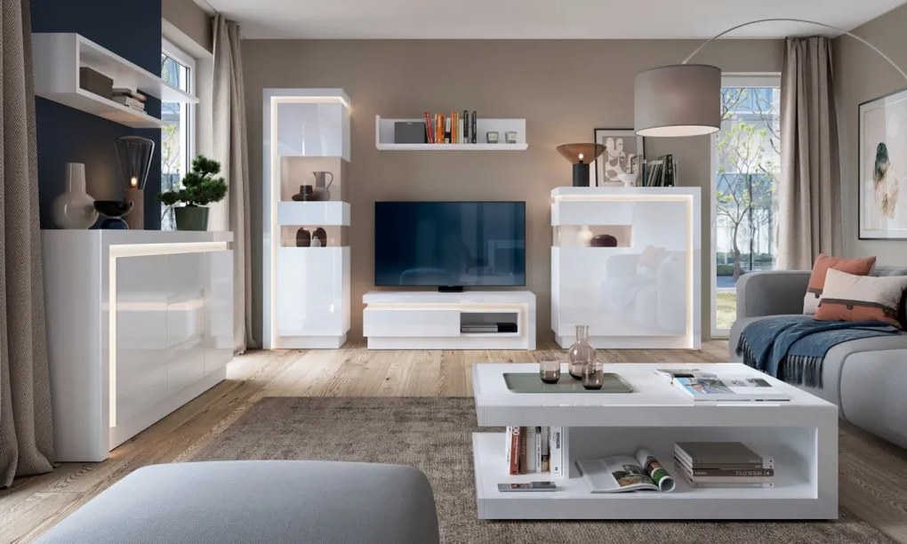 Skrinka s presklením Lyon, biely lesk, s osvetlením, ľavá