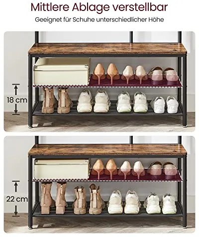 Vešiak na kabáty so zrkadlom a lavicou, industriálny, 180x98x35cm