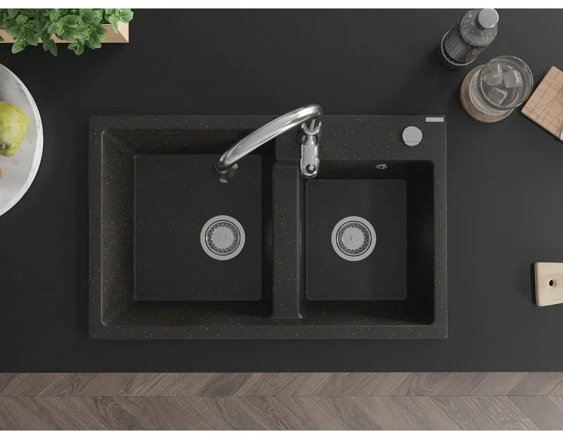 Mexen Tomas, granitový drez 800x500x190 mm, 2-komorový a drezová batéria Savita, čierna-zlatá metalíza, 6516-75-672601-00