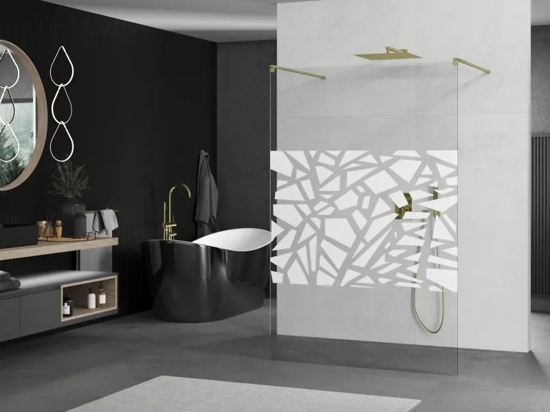 Mexen Kioto, sprchová zástena Walk-In 110 x 200 cm, 8mm číre sklo biely vzor, zlatý matný profil, 800-110-002-55-85