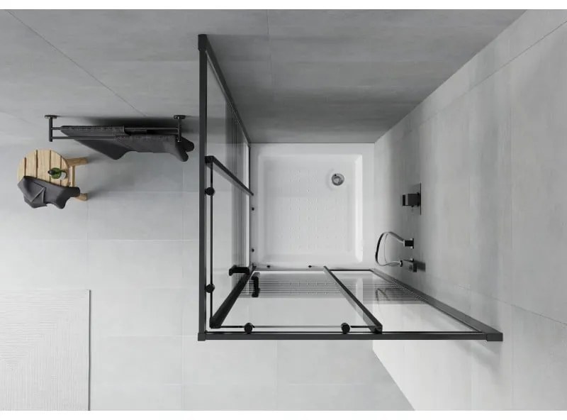 Mexen Rio, štvorcový sprchovací kút s posuvnými dverami 80(dvere) x 80(dvere) x 190 cm, 6mm číre sklo s pásikmi, čierny profil + biela sprchová vanička RIO, 860-080-080-70-20-4510