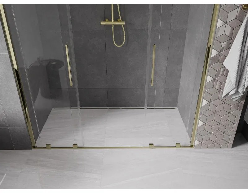 Mexen Velar Duo, posuvné dvere do otvoru 180x200 cm, 8mm číre sklo, zlatá lesklá, 871-180-000-02-50