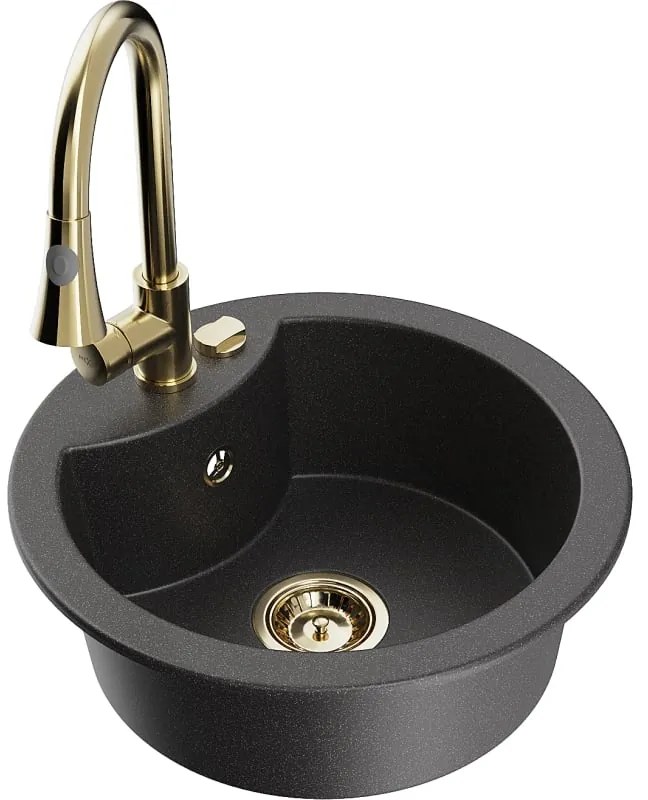 Mexen Diego, 1-komorový granitový drez 488x488x167 mm a drezová batéria Elia, 6512-76-670101-50